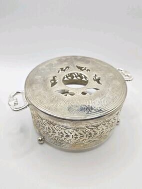 Vintage Antiq Silver Plated Filigree Trinket Box Round Pierced Lid Handle Footed